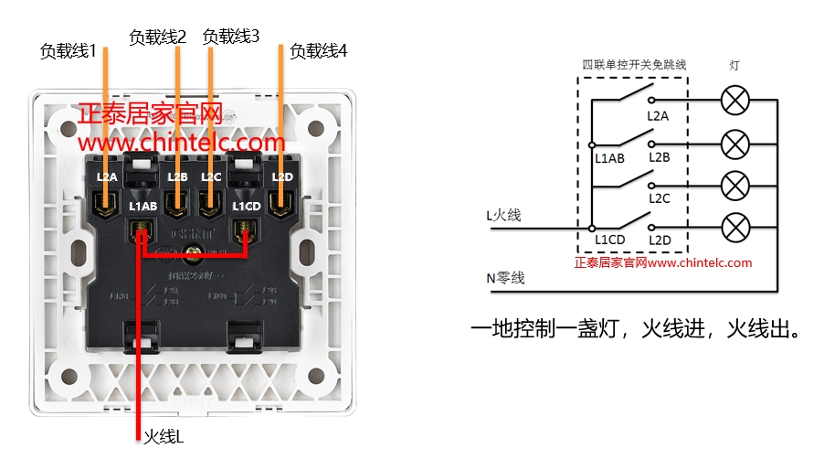 单控开关接线图-四联单控开关（免跳线）